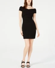 Bar Iii Women's Ribbed Cross Top Off Shoulder Dress Black M 