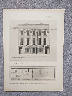 Erhebung und Plan der Freimaurerhalle, London - antiker Druck - 1914