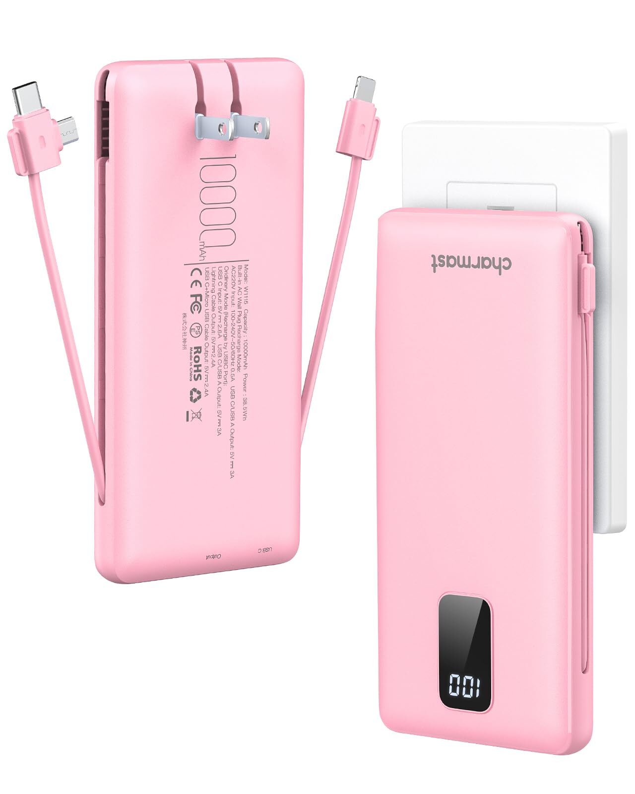 Portable Charger with Built-in Cables & Wall Plug, 10000mAh Portable Power Ba...