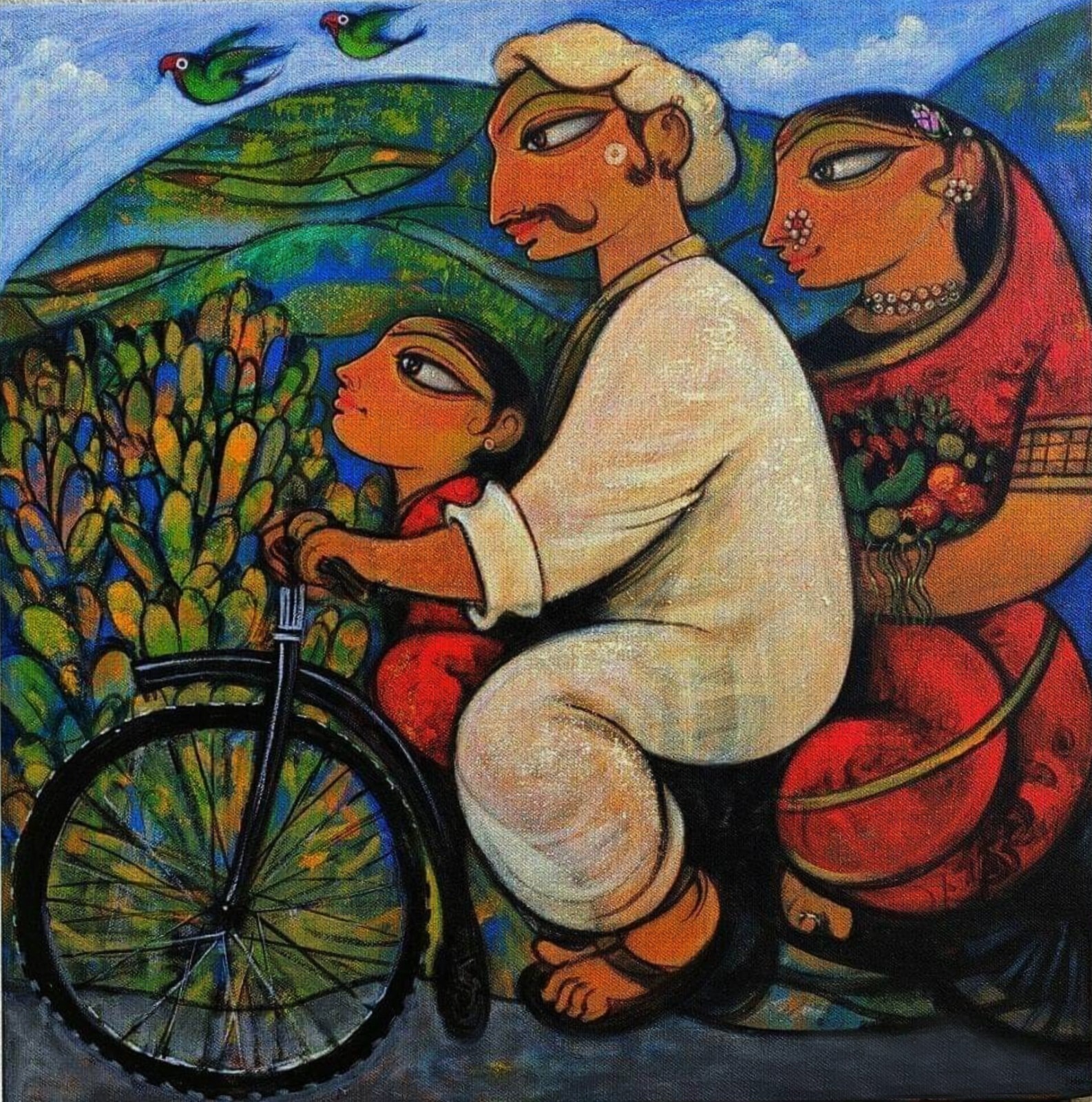 Handmade Family Trip Acrylic Painting on Cotton Canvas Artwork