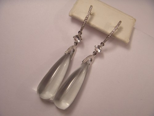 Estate 14K White Gold Diamond Green Amethyst Cabochon Tear Drop Dangle Earrings - Picture 2 of 3
