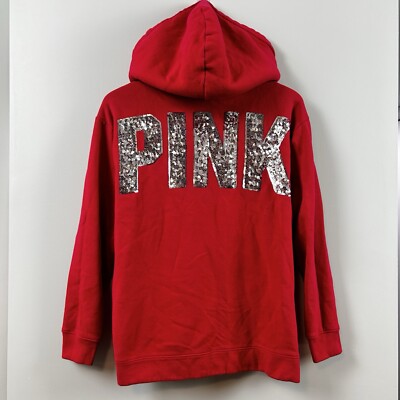 Victorias Secret PINK Bling Hoodie M Womens Sequin Sherpa Red