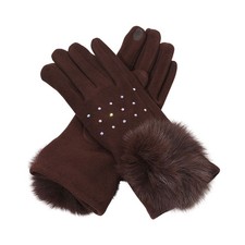 Faux Fur Cuff Pom Rhinestone Embellished Smart Touch Winter Gloves