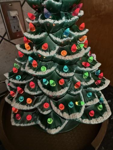 Ceramic Light Up Flocked Christmas Tree With Base 18" Arnel Large Vintage Green - Picture 4 of 9