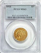 1910 GOLD USA $5 DOLLAR INDIAN HEAD HALF EAGLE COIN PCGS MINT STATE 63