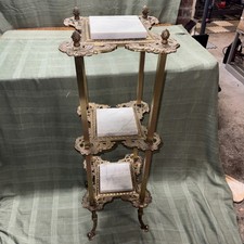 Antique Ornate Victorian 3 Tier Pedestal Marble Top Brass Plant Stand 40” X 13”