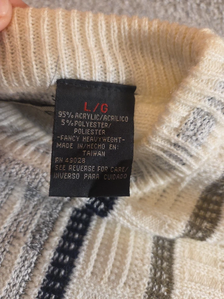 Mens Vintage Le Tigre Sweater Large Crew Neck 90s Ivory Black Green Striped - Image 4 of 4