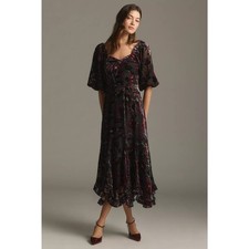 New ANTHROPOLOGIE  Hutch Printed Twist-Front Puff-Sleeve Ruffle-Hem Dress $228 S