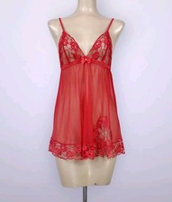Fredericks of Hollywood Red Lace Babydoll Chemise Large Sheer Boudoir Nightgown