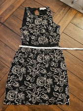 Ann Taylor LOFT Dress Women 8 Black White Floral Pleated Neck Sleeveless