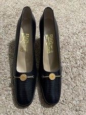 Salvatore Ferragamo Navy Blue Lizard Leather Pumps Gold Logo Medallion Vintage