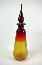 MCM 60’s Handblown Crackle Glass Decanter W/ Flame Tip  Rainbow Amberina Blenko?