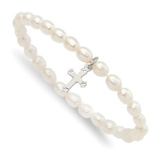 Sterling Silver Polished FWC Pearl  Cross Children's Stretch Bracelet