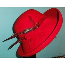 Vintage Scala Red Wool Cloche Hat w/ Feathers upturn brim church hat pinup retro