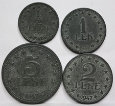 Albania Albanie Albanien 1947 UNC VERY RARE Set 4 Lek pcs 1+1/2+2+5 Zinc Coins