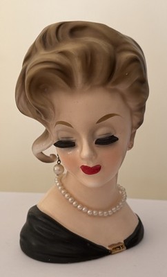 Vintage Inarco 5.5  Lady Head Vase 1963 Black Dress Pearl Earring Necklace E1062