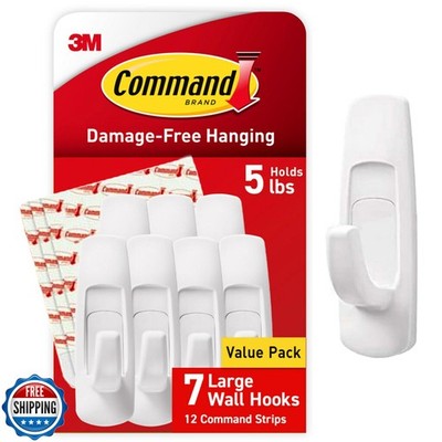 Command 5 lb Large Utility Hooks, 7 Wall Hooks and 12 Command Strips, Damage-
