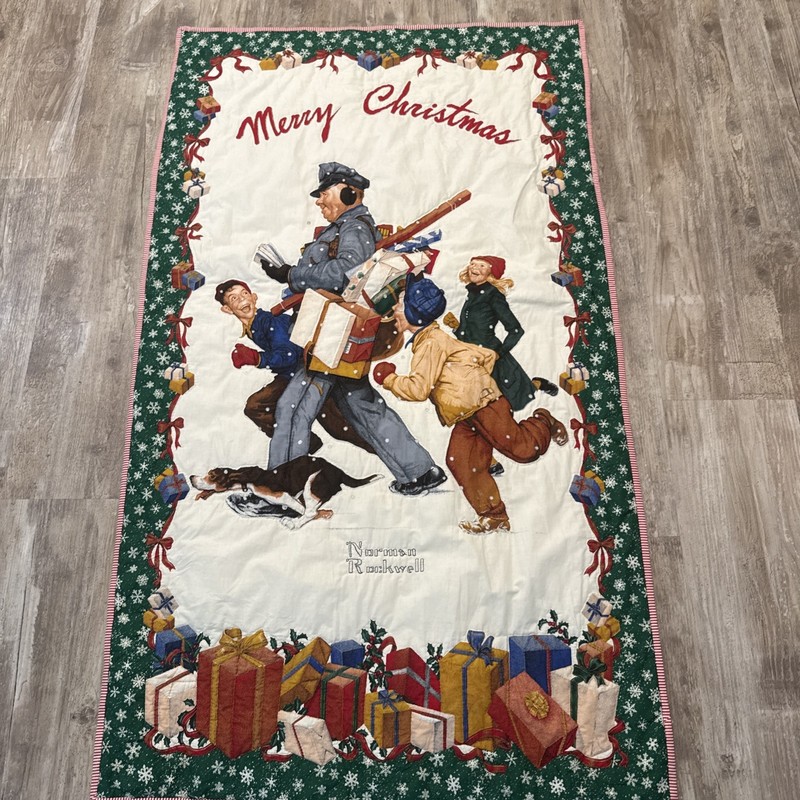 Norman Rockwell Christmas Quilt Wall Hanging 31x54.5” Vtg Decor Hand quilted