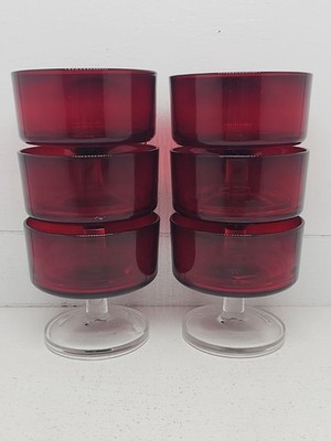6 Luminarc Arcoroc of France Cavalier Ruby Red Dessert Dishes Crystal Stem