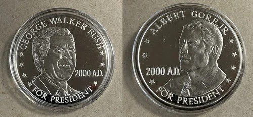 INDECISION 2000 BUSH GORE QUARTER POUND (4 TROY OUNCE) .999 SILVER MEDAL IN CASE