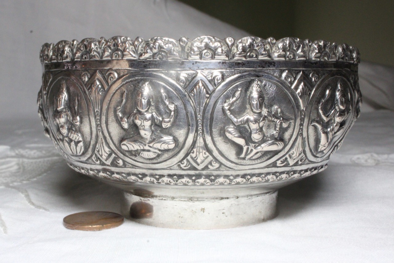 Antique Silver Repousse Burma, Sri Lanka? Hindu Buddhist Dancers Offering Bowl