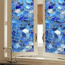 Privacy Window Film Blue Mosaic Decorative Window Cling Stained Glass Style 