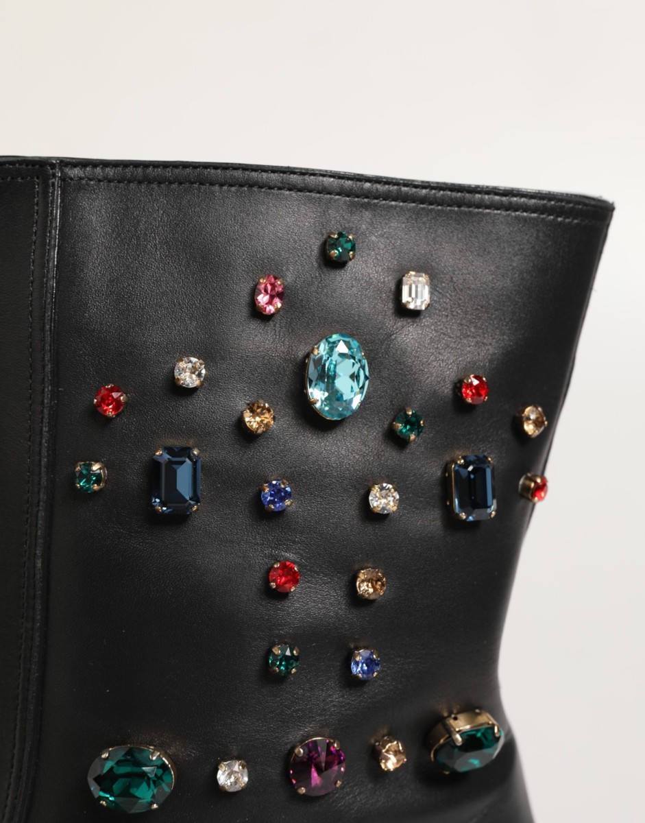 Dolce & Gabbana Black Leather Crystal Embellished Boots Shoes/EU41/US8/Black Dolce & Gabbana Black Leather Crystal Embellished Boots  main image 4