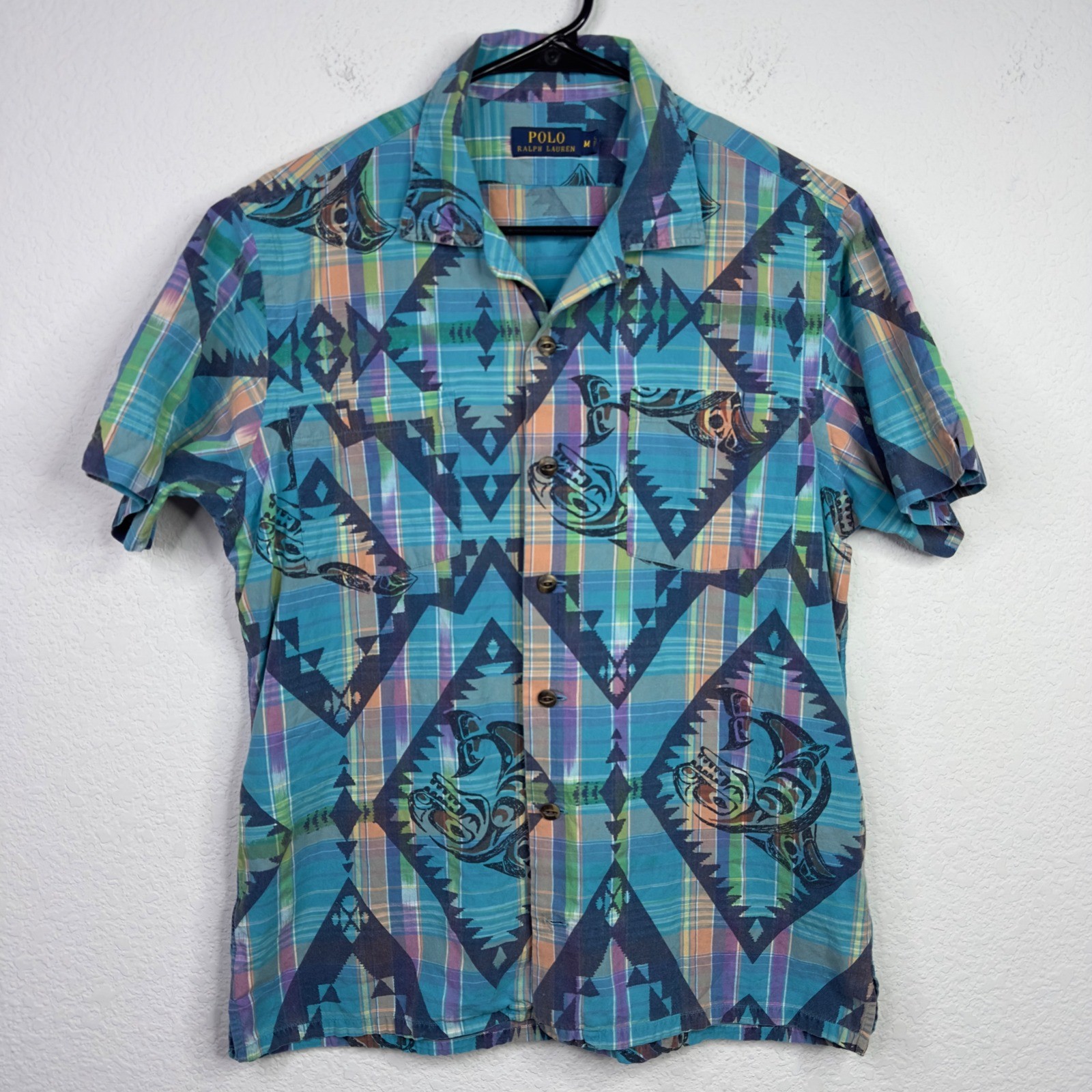 Vintage Polo Ralph Lauren Shirt Mens M Madres Plaid Fish Tribal Aztec 90s Camp