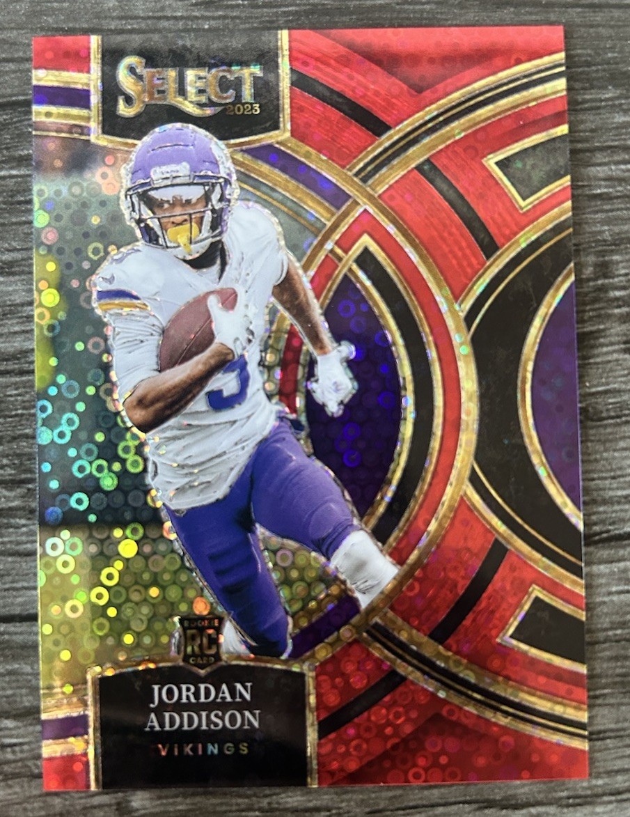 JORDAN ADDISON 2023 PANINI SELECT #194 PREMIER ROOKIE RED DISCO PRIZM RC 49/49