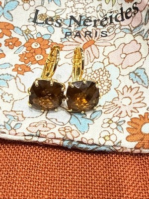 Les Nereides Paris Ohrringe 18 kt vergoldet quadratisch Glas Kristall Rauchtopas