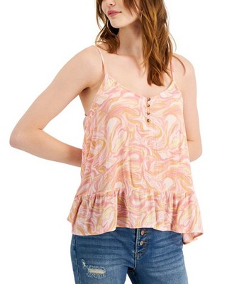 Hippie Rose Ruffled-Hem Tank Top Juniors' XS Coral Swirl Sleeveless Pullover