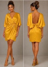 ASOS Golden Yellow Satin Knot Front Cape Sleeves Open Back Mini Cocktail Dress 4