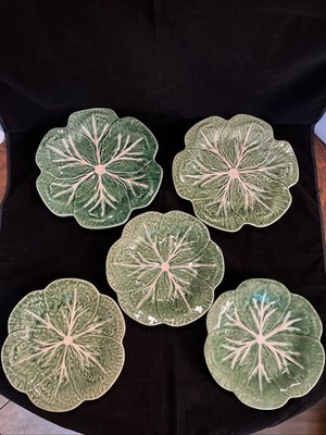 5 Bordallo Pinheiro Plates Green Cabbage Leaf 2 Large 3 Medium Portugal FLAWS