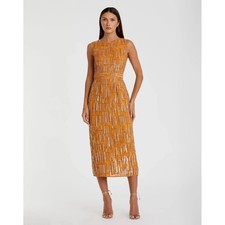 Mac Duggal 70264 Saffron Sequin Beaded Geometric Midi Dress NWT Size 2