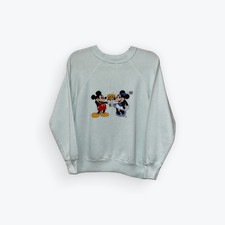 1980s Mickey  Minnie Hand Embroidered Crew Neck Sweatshirt Light Blue Size S/M