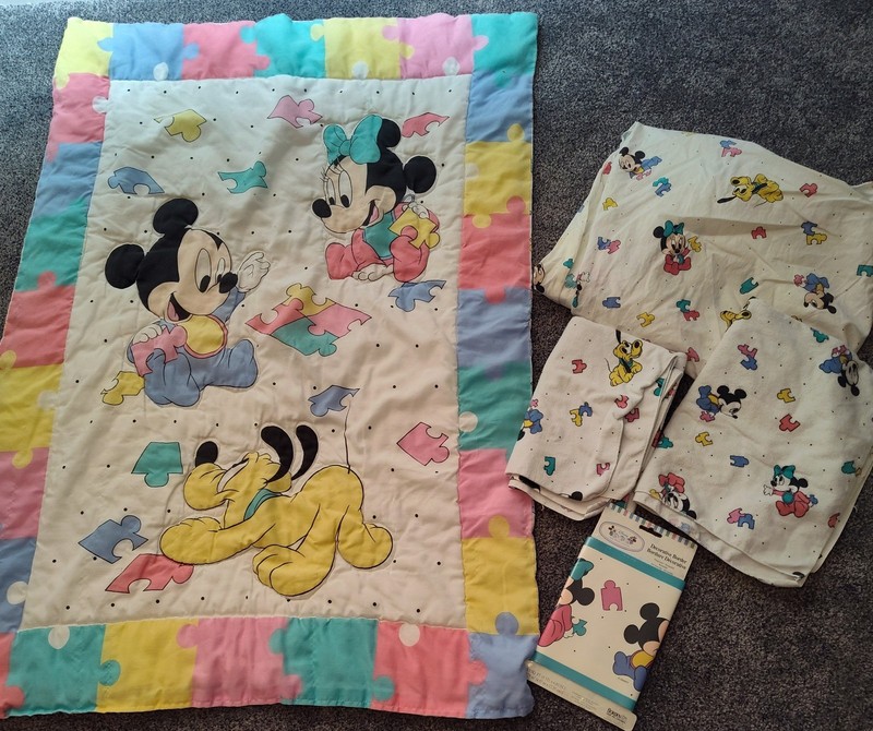 Vintage Disney babies Mickey And friends Quilt, Crib Sheet, Two Swaddles, Border