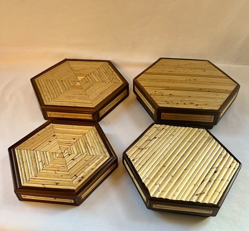 Pair Vintage Asian Bamboo Hexagonal Nesting Boxes 6” - Picture 4 of 5