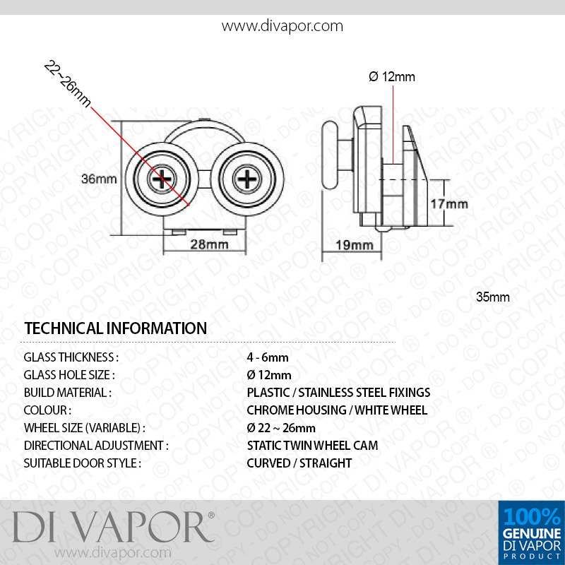 Di Vapor (R) Double Fixed Shower Door Cam Wheels 6mm to 8mm Glass