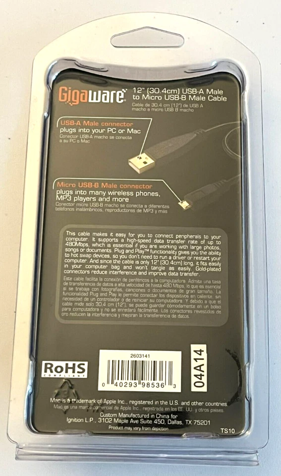 GigaWare 12" USB-A Male to micro USB-B Male Cable, PC-Mac, New in package - Image 2 of 3