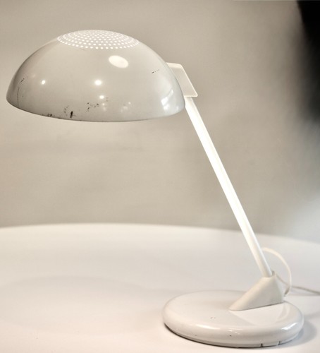 Vintage MCM Jen Yang Atomic Dome Desk Lamp White Enamel Space Age Perforated Shd