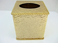 Tissue Box Cover Gold Tone Metal Textured Cording Edges Design Elegant 5" Square