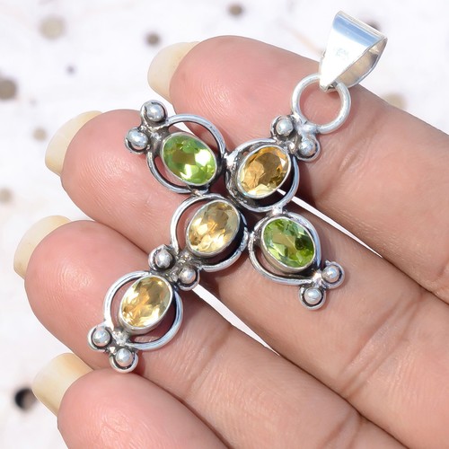 Pendentif Citrine Jaune Faite Main - Pierre Précieuse 1,77 Pouces, Argenté, Cadeau Bijou