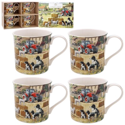 4er Set Border Collie & Schaf Becher Tasse Bauernhof Szene Leonardo & Geschenkbox