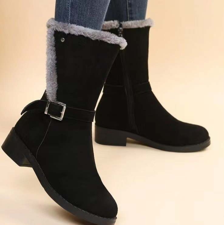 Women Snow Boots Ladies Warm Fleeced Lined Low Heel Mid Calf Boots Riding Shoes-image