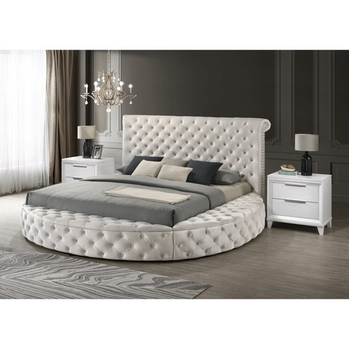 Unique Round Plush Ivory Velvet Button-Tufted Detailing Storage Bed King Siz - Picture 26 of 68