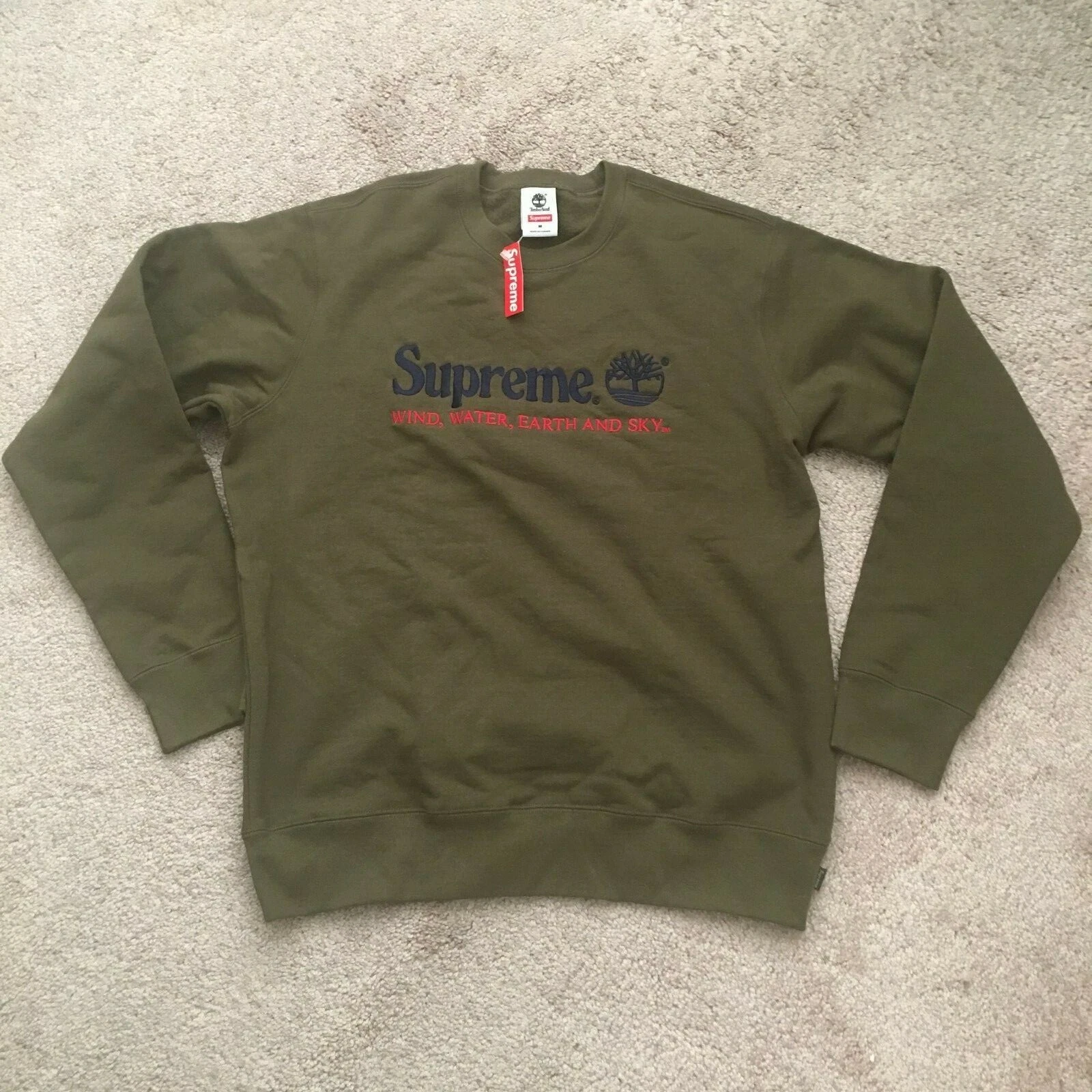 SUPREME x TIMBERLAND Wind Water Earth Sky Crewneck Sweat shirt Olive M RARE NEUF