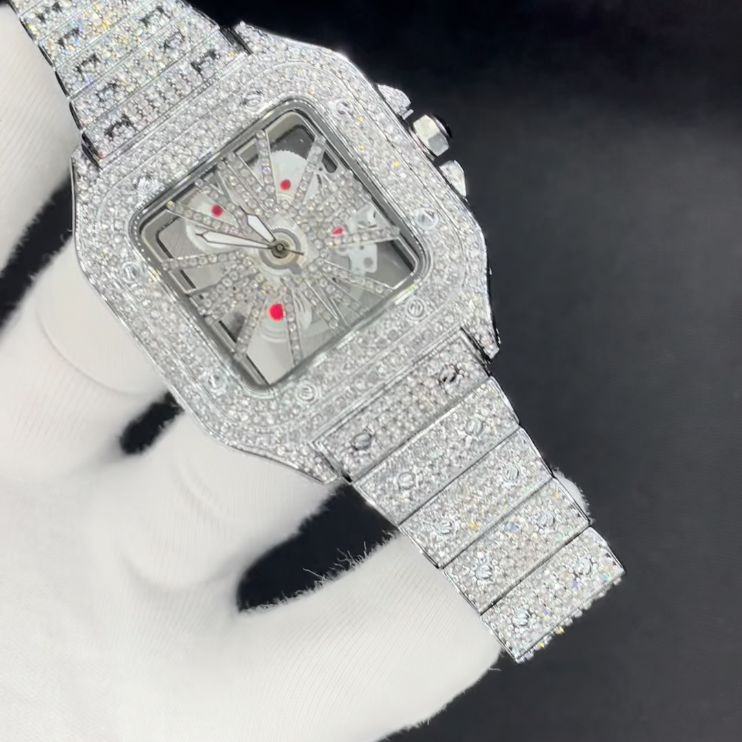 Skeleton Red Dial VVS Iced Out Diamond Designer Watch, Hip Hop