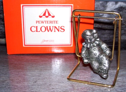 Vintage George Good Pewter Clown on a Swing Figurine in Original Box