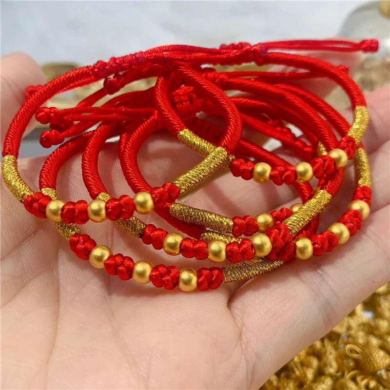 1pcs Real 24K Yellow Gold Bracelet For Women 4mm Bead Red String Baby Bracelet