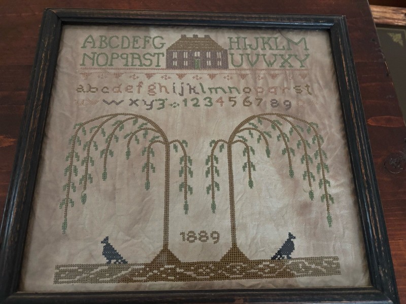 Antique 1889 Cross Stitch Sampler. School Alphabet And Numbers 19th Century